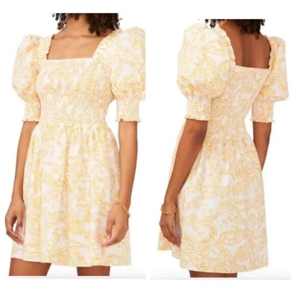 1. State Dresses & Skirts - 1. State Wm’s Sz Lrg Yellow White Puff Sleeve Square Neck Mock Chest Mini Dress